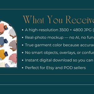 The image is a list of features and benefits of a product or service, including a high-resolution 3500 x 4800 (300DPI) photo mockup, a real-photo mockup without any AI, no funny business, a true garment color because accuracy matters, no smart objects, overlays, or confusing layers, instant digital download, and perfect for Etsy and POD sellers.