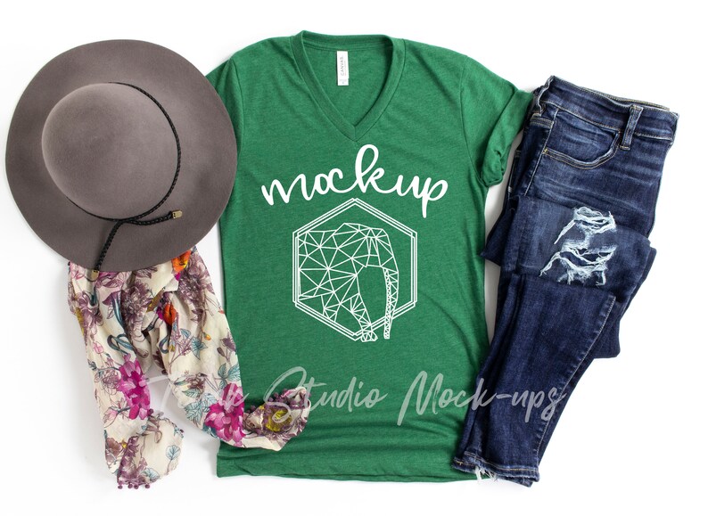 Download Bella Canvas Heather Grass Green 3005 V-Neck Mock-up Blank ...