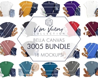 Bella Canvas 3005 V-Neck Mockup Bundle | 18 Women's Side Tie Flat Lays