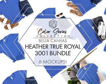 Bella Canvas 3001 Heather True Royal Mockup Bundle | 6 Womens Mens Flat Lays | JPG