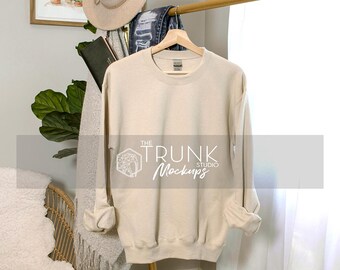Gildan 18000 Sand Mockup | Women's Sweatshirt Hanger Photo