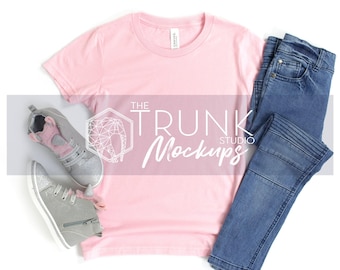 Bella Canvas 3001Y Pink Mockup | Girls T-Shirt Flat Lay JPG