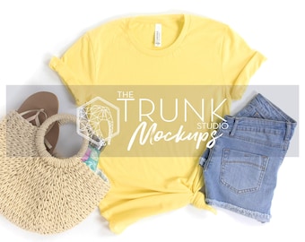 Bella Canvas 3001 Yellow T-Shirt Mockup | Women's Side Tie Flat Lay | JPG