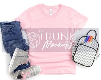 Bella Canvas 3001Y Pink Youth Mockup | Girls T-Shirt Flat Lay