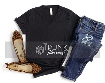 Bella Canvas 3005 Black Heather V-Neck Mockup | Women’s Side Tie Flat Lay | JPG