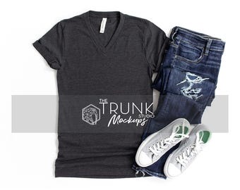 Bella Canvas 3005 Dark Grey Heather Mockup | Womens V-Neck Flat Lay | JPG