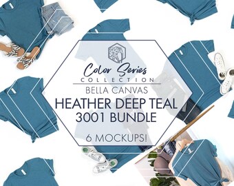 Bella Canvas 3001 Heather Deep Teal Mockup Bundle | 6-Pack Women's & Men's Flat Lays