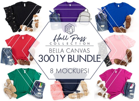 Bella Canvas 3001Y Mockup Bundle | 8 Girls Side Tie T-Shirt Flat Lay JPGs