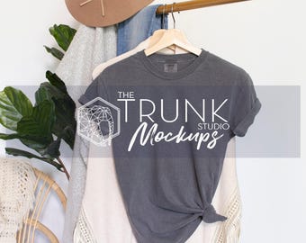 Comfort Colors 1717 Pepper T-Shirt Mockup | Women’s Side Tie Hanger Photo