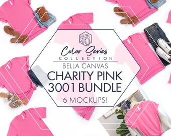 Bella Canvas 3001 Charity Pink Mockup Bundle | 6 Women’s & Men’s Flat Lays
