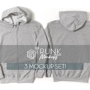 Gildan 18600 Sport Grå Dragkedja Hoodie Mockup Set | Fram & Bak Platt Lay