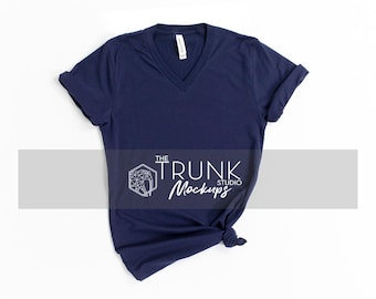 Bella Canvas 3005 Navy V-Neck Mockup | Women’s Side Tie Flat Lay | JPG