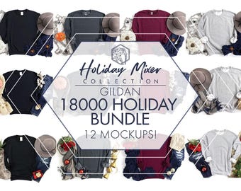 Gildan 18000 Mockup Bundle | 12 Holiday Sweatshirt JPGs | Fall, Halloween & Christmas