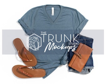 Bella Canvas 3005 Heather Slate Mockup | Side Tie V-Neck Flat Lay