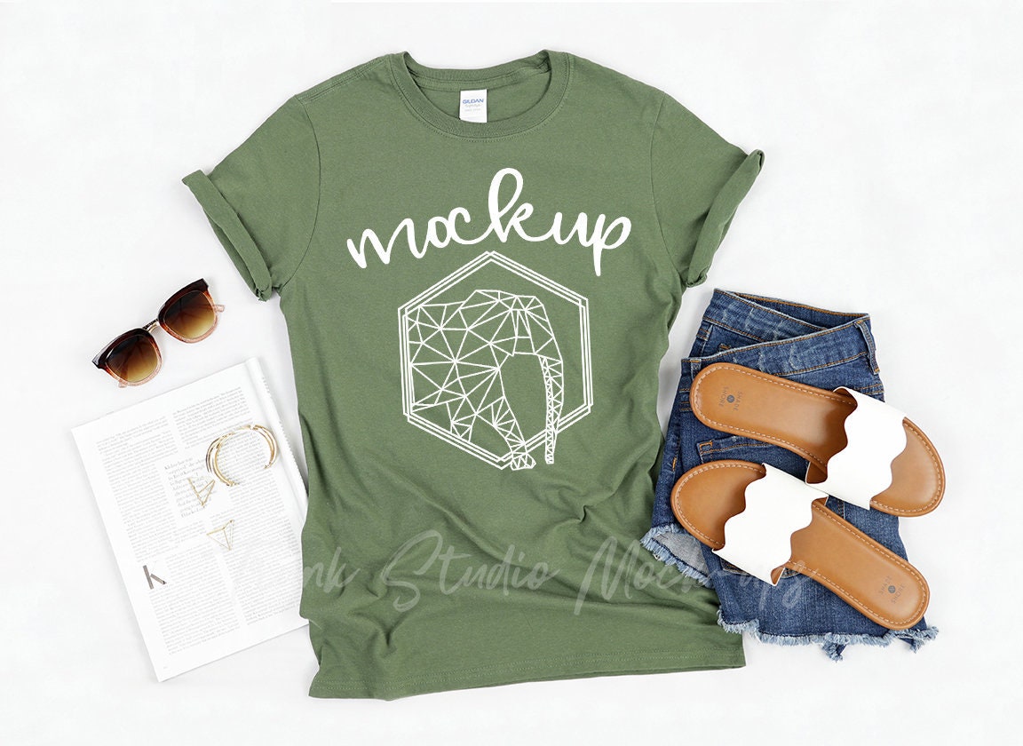 Download Gildan 64000 Military Green Shirt Mock Up Womens T Shirt ...
