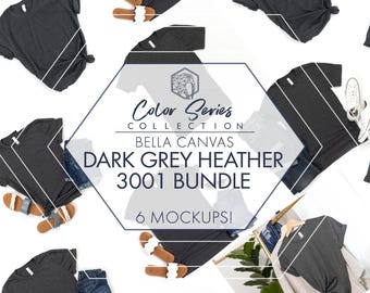 Bella Canvas 3001 Dark Grey Heather Mockup Bundle | 6-Pack Women's & Men's Flat Lays