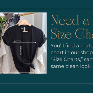 The image is a collage of two images. The first image shows a black t-shirt hanging on a hanger, with a size chart displayed below it. The second image is a text overlay on a teal background, providing information about the need for a size chart in the shop section.