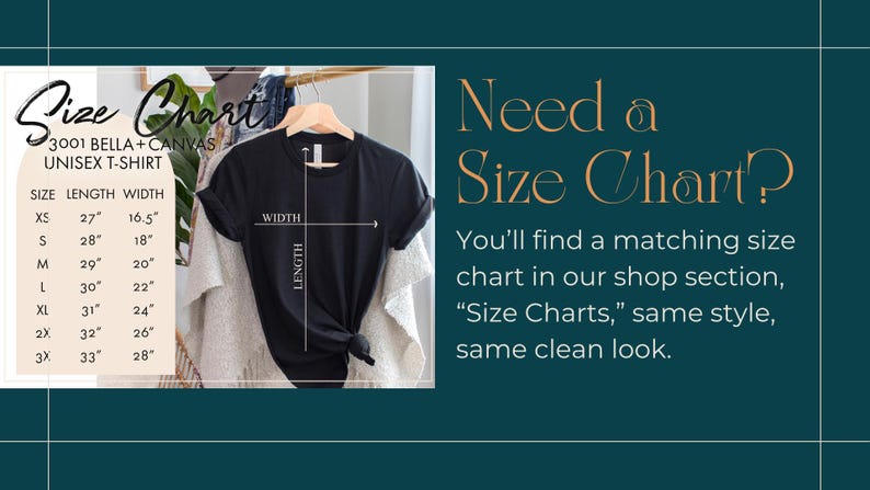 The image is a collage of two images. The first image shows a black t-shirt hanging on a hanger, with a size chart displayed below it. The second image is a text overlay on a teal background, providing information about the need for a size chart in the shop section.