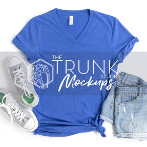 Bella Canvas 3005 Heather True Royal V-Neck Mockup | Women’s Side Tie Flat Lay