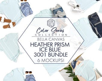 Bella Canvas 3001 Heather Prism Ice Blue Mockup Bundle | 6 Women's & Men's Flat Lays