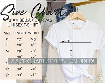 Bella Canvas 3001 White T-Shirt Size Chart | Digital Download | JPG