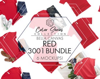 Bella Canvas 3001 Red Mockup Bundle | 6 Womens Mens Flat Lays | JPG