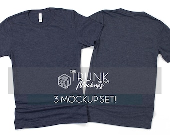 Bella Canvas 3001 Heather Navy Mockup | Front and Back Shirt Only Flat Lay