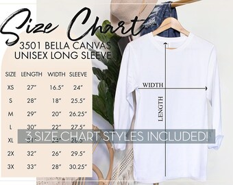 Bella Canvas 3501 White Long Sleeve T-Shirt Size Chart | Digital Download