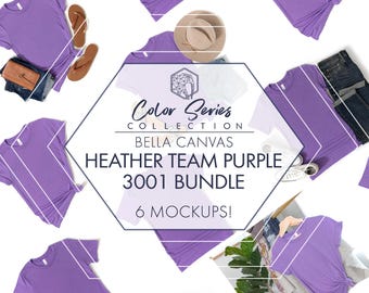 Bella Canvas 3001 Heather Team Purple Mockup Bundle | 6-Pack Women's & Men's Flat Lays