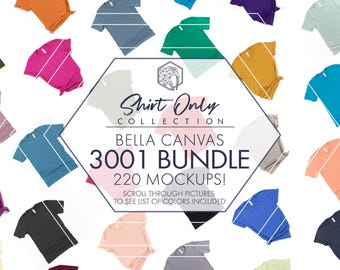 Bella Canvas 3001 メガモックアップバンドル | シャツのみとサイドタイのフラットレイ JPG 画像 220 枚