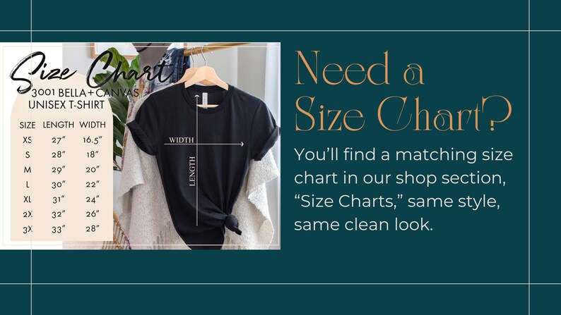 The image is a collage of two images. The first image shows a black t-shirt hanging on a hanger, with a size chart displayed below it. The second image is a text overlay on a teal background, providing information about the need for a size chart in the shop section.