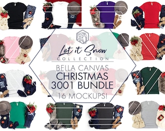 Bella Canvas 3001 Christmas Mockup Bundle | 16 Women’s Holiday Flat Lay JPGs