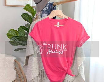 Bella Canvas 3001 Fuchsia T-Shirt Mockup | Women’s Hanger Photo