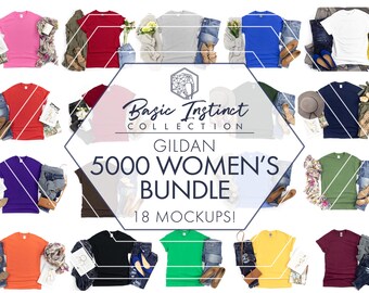 Gildan 5000 Mockup Bundle | 18 Colors | Womens T-Shirt Flat Lay | JPG
