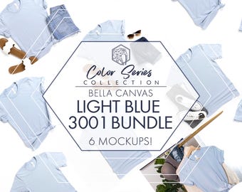 Bella Canvas 3001 Light Blue Mockup Bundle | 6 Women's & Men's Flat Lays