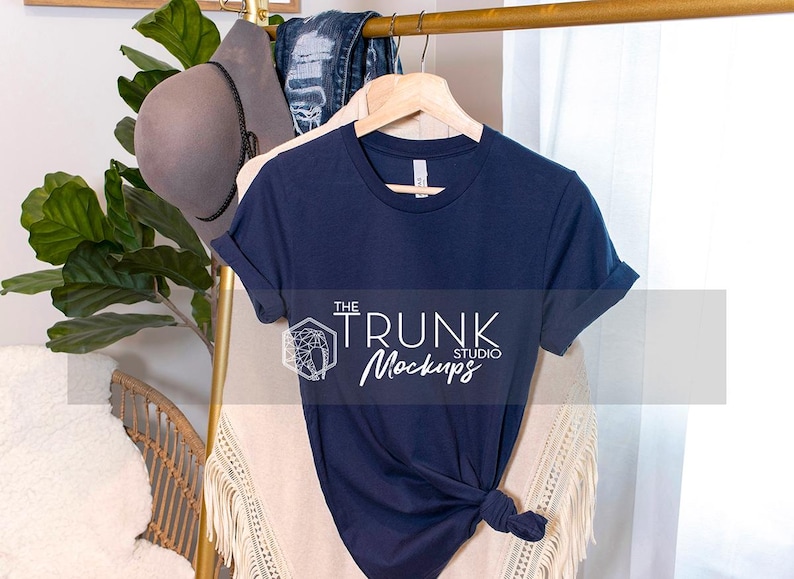 Bella Canvas 3001 Navy Mockup | Womens Hanger Photo | JPG image 1