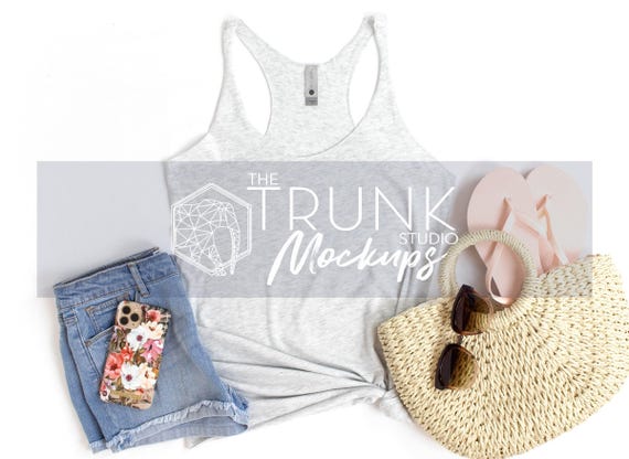 Next Level 6733 Heather White Mockup | Women’s Tank Only Flat Lay