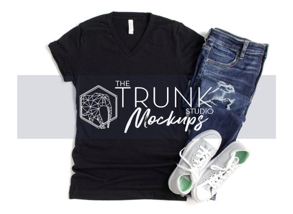 Bella Canvas 3005 Black Mockup | Women’s V-Neck T-Shirt Flat Lay