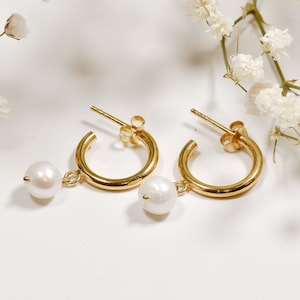 Pearl Hoop Earrings | Gold Plated 925 Sterling Silver C Hoops Small Dainty Simple Drop Dangle Sleep Everyday Cartilage Minimalist Earrings