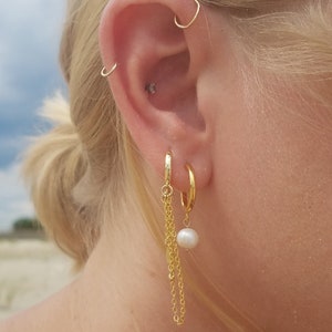 Curated Earring Set | Chain & Pearl Hoops | Gold Plated 925 Sterling Silver Small Dainty Simple Drop Dangle Everyday Cartilage Minimalist