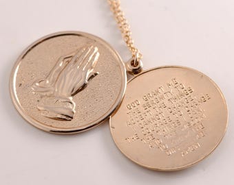 Vintage Serenity Prayer Pendant Necklace, Praying Hands Religious Jewelry For First Communion Gift, Birthday Gift For Christian Daughter