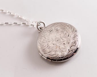 Art Deco Sterling Silver Circle Locket Necklace • Engraved Vintage Charm