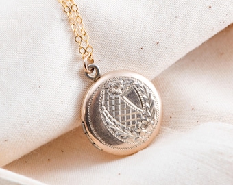 Antique Victorian Gold-Filled Locket Necklace | Engraved Floral Round Locket | Holds Photos | Heirloom Keepsake Jewelry