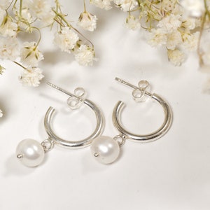 Pearl Hoop Earrings | Gold Plated 925 Sterling Silver C Hoops Small Dainty Simple Drop Dangle Sleep Everyday Cartilage Minimalist Earrings