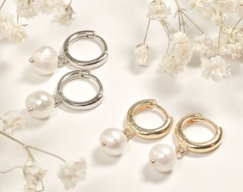 Gold Plated Pearl Huggie Earrings • 925 Sterling Silver Dangle