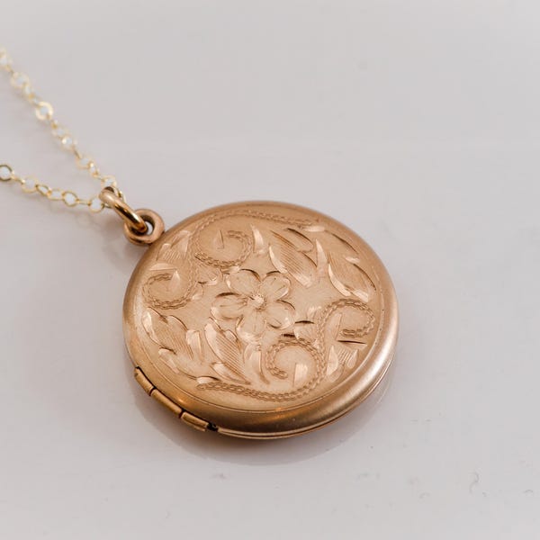 Antique Gold Filled Locket Necklace, Hand Engraved Floral Victorian Photo Pendant