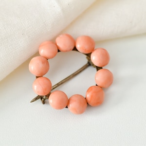 Antique Victorian Coral Brooch | Gold Fill Red Pink Salmon Natural Coral Round Circle C Clasp Estate Vintage Pin