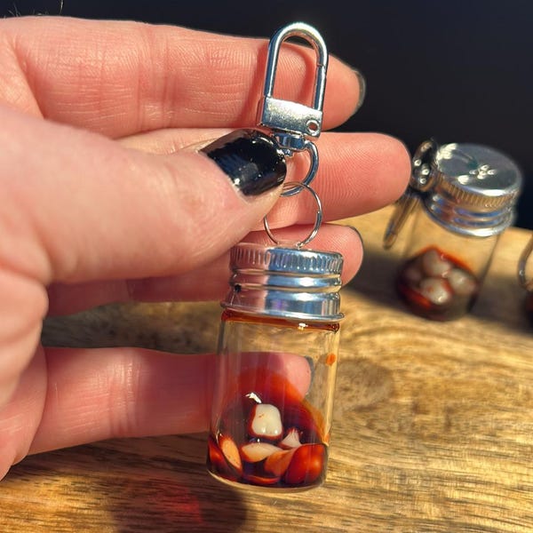 Creepy Resin Teeth in Blood Jar, Gothic Oddity, keychain