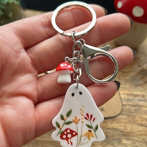 Keyrings, Ghost, Halloween, cottagecore, handmade, Key chains, witchy, spooky, small gifts, whimsical, toadstools, mushroom
