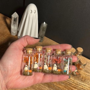 May include: Small glass bottles with cork stoppers, each containing a ghost figure, a miniature pumpkin, and dried orange foliage. The bottles are held in a hand, with a white ghost statue and crystals in the background. Halloween theme.